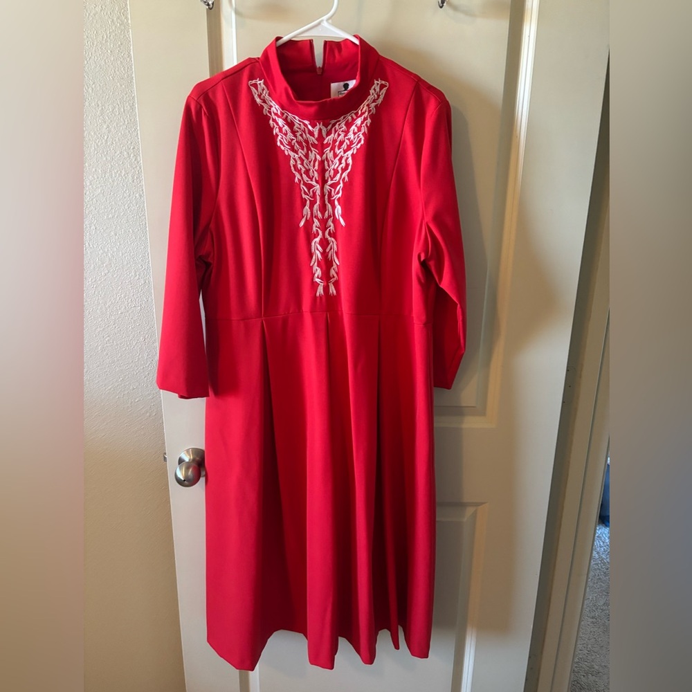 Dainty Jewells Red Long Sleeve Midi Dress with White Embroidery